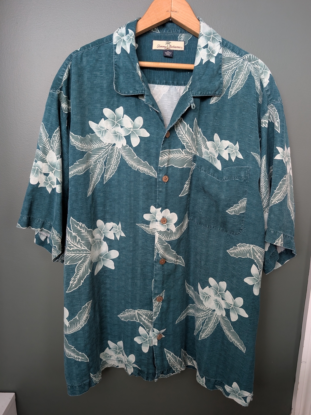 Tommy Bahama Teal Green Floral Short-Sleeve Camp Shirt Silk